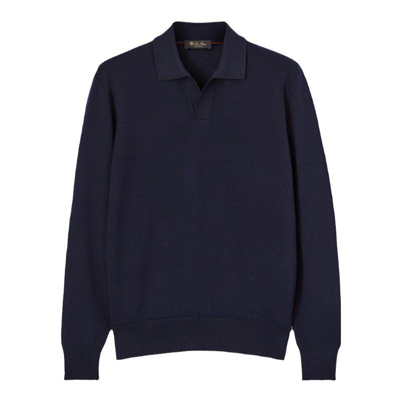 Loro Piana/诺悠翩雅男装海军蓝色宽松版型无扣羊毛Polo衫