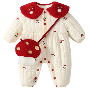 满月婴儿秋冬季连体衣拜年服宝宝加厚过年百天衣服夹棉外套装棉服