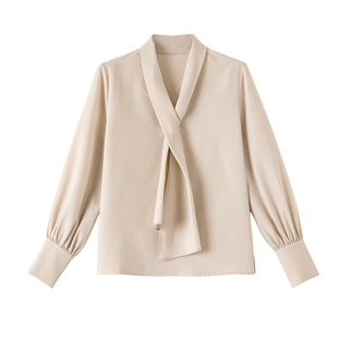 晚白2026年春新款时尚飘带职业装系带领上衣垂顺利落通勤衬衫女