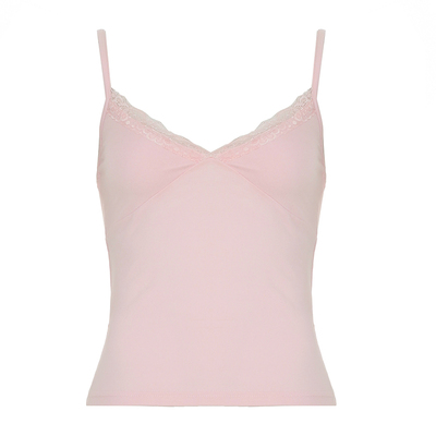 IAEY美式复古简约蕾丝花边粉色V领吊带背心纯色修身外穿BM短上衣