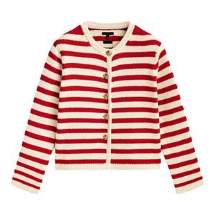 秋季新款MD女装 红白条纹圆领修身上衣 单排扣长袖针织开衫外套女