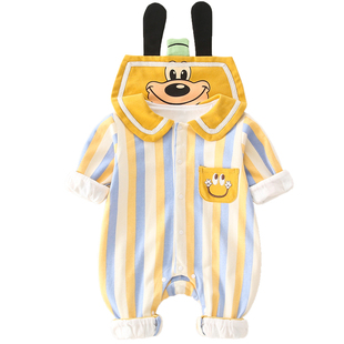 婴儿卡通条纹春秋连体衣男女宝宝春季外出哈衣爬爬服双层薄款套装