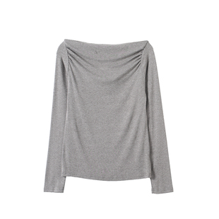 走戏班牙！秋季新一字领露锁骨气质修身显瘦褶皱长袖打底衫T袖女