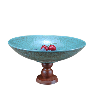 复古创意高脚陶瓷盘水果盘酒店特色菜木脚高台盘家用糕点干果供盘