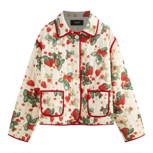 CIDER 草莓撞色镶边翻领纽扣绗缝宽松棉服女装114798016