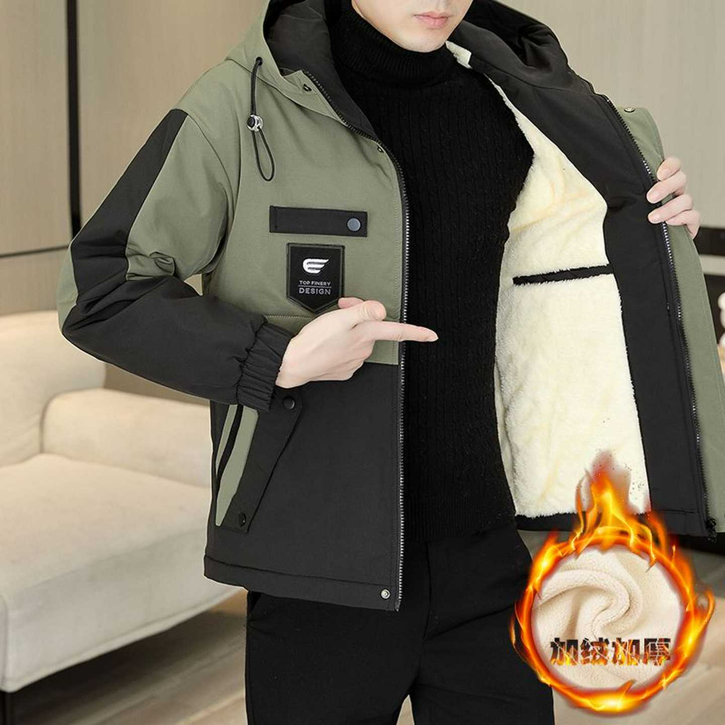 男士外套2025新款潮流男士工装连帽加绒夹克冲锋衣冬季加厚棉衣