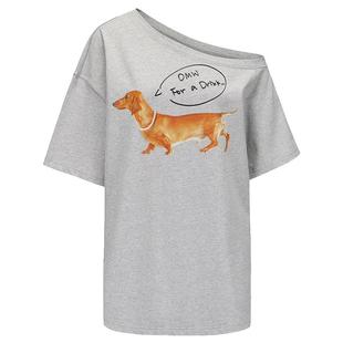 【MARKGONG】【宁艺卓同款】蕾虎狗狗斜开肩T恤秋冬流行短袖