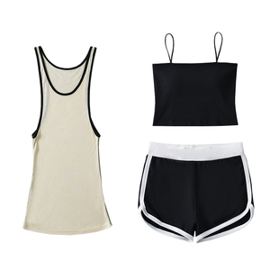 YoungGirlDay辣妹时髦撞色无袖背心自带胸垫抹胸美背高腰短裤套装