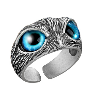 泰银复古恶魔之眼猫头鹰戒指纯银男女可戴开口可调节潮人个性嘻哈