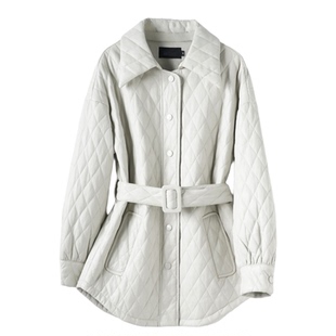 皮衣女中长翻领系带韩版时尚加棉绵羊皮夹克新款冬季轻奢真皮外套