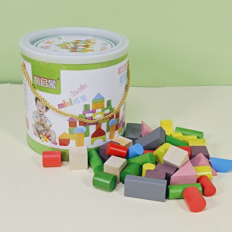 圆桶108粒大颗粒木质批发拼装女孩积木科教男孩智力开发儿童玩具
