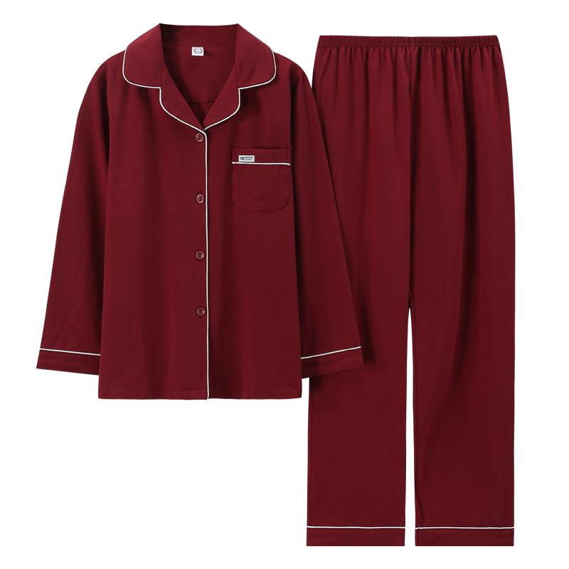 LYCRA萊卡 情侶睡衣秋冬季純棉長袖新婚喜慶棗紅色家居服男女套裝