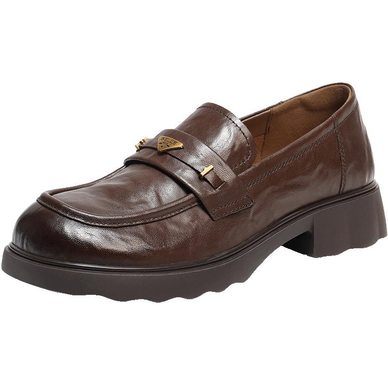 百丽复古羊皮乐福鞋女2026春季新款黑色小皮鞋深口单鞋E9L1DAA6预