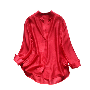 2026春装新款中式独特遮臀朦胧感上衣美到爆特别红色中长款衬衫女