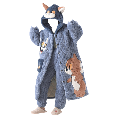 睡袍女冬季珊瑚绒三层夹棉睡衣