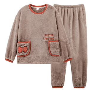 法兰绒睡衣女士秋冬季加绒加厚保暖珊瑚绒家居服套装超柔软可外穿