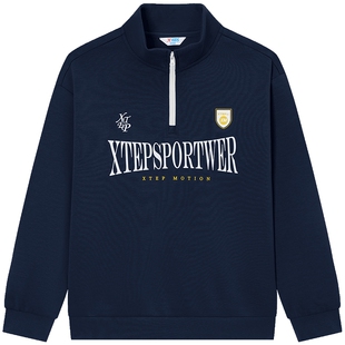 特步童装2025年秋冬儿童运动加绒半开襟上衣中大童男大童套头卫衣