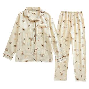 纯棉A类棉纱女睡衣春夏薄全棉双层纱长袖套装卡通甜美休闲家居服