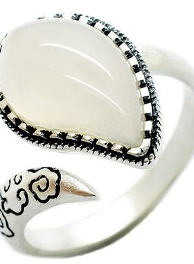 爱上云端原创新款990足银天然镶白玉髓开口戒指女复古文艺戒指R43