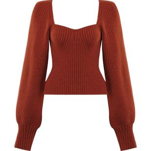 DPLAY2025秋季法式方领毛衣红色针织衫灯笼袖毛衣厚款上衣女