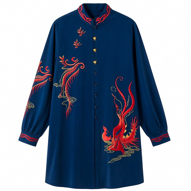 恋太极新款太极服女刺绣凤凰表演练功服飘逸晨练比赛服藏蓝色春夏