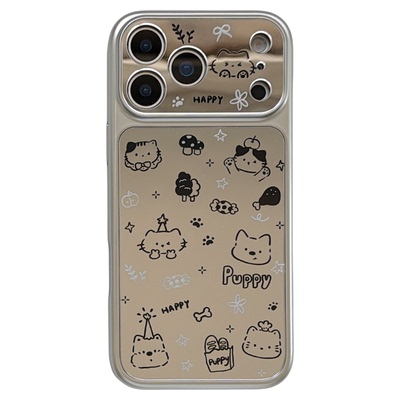 jze韩风ins可爱涂鸦猫咪狗狗镜面适用苹果17ProMax手机壳iphone15新款16pro女款13电镀15pro全包14防摔手机套