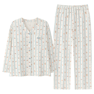 牧柔卡通图案春季秋季可外穿开衫式长袖青少年女款纽扣家居服套装