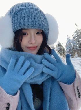 蓝色围巾女秋冬季韩系氛围感雪地帽子手套三件套加大加厚百搭毛绒