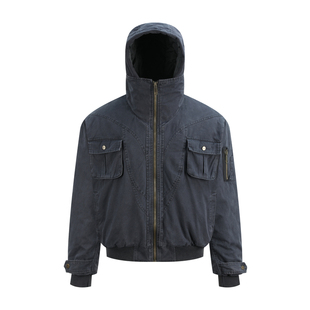 OaOO高领结构水洗做旧重工重磅连帽夹克bomber廓形棉服飞行员夹克