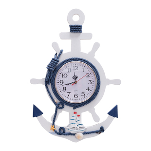 地中海风格复古做旧船锚挂钟墙面装饰品挂件木质船舵创意静音钟表