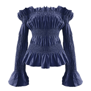 TINNTINN法式优雅设计感斯马克抽褶一字肩肌理缩皱长袖花苞上衣