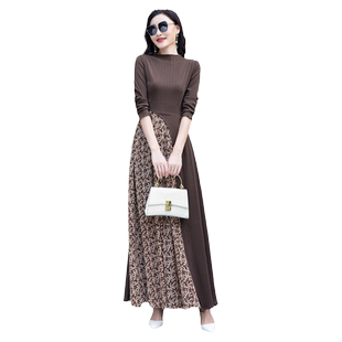 2026春秋针织连衣裙女长款高领长袖撞色针织裙大摆裙显瘦气质长裙