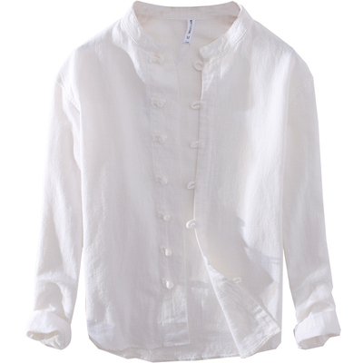 中国风立领苎麻长袖衬衫