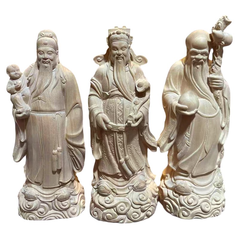 小号福禄寿木雕三星高照家用玄关工艺摆件实木雕刻大叶黄杨木原木