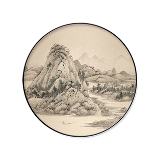 宋式美学圆形山水挂画富春山居图客餐厅背景装饰画茶室3D氛围灯画