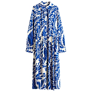 HM女装连衣裙春季休闲风圆领长袖印花宽松中长裙1263590