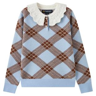 eland kids衣恋童装女童针织衫25冬新品绵羊毛混纺花边领格纹毛衣