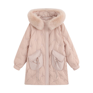 2025新款加肥加大码刺绣亮片羽绒服女200斤中长款胖MM300斤冬季厚