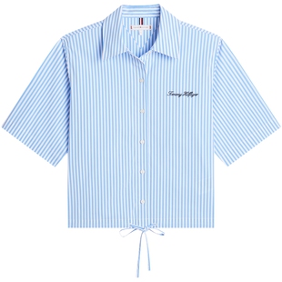 Tommy26春夏新款女装舒适府绸休闲刺绣字母抽绳下摆宽松短袖衬衫