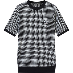 ZOUK男士中袖千鸟格子刺绣毛衣男ins韩版港风潮流个性打底羊毛衫