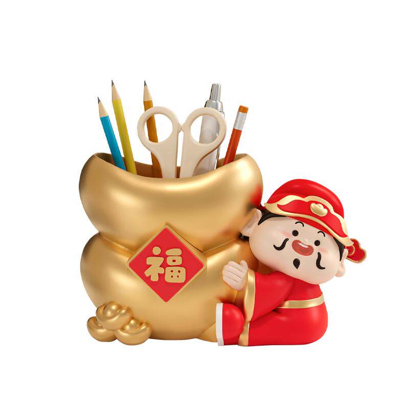 桌面创意财神爷笔筒高级感房间改造小物件卧室梳妆台化妆笔收纳筒