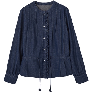 德玛纳文艺复古牛仔衬衫女春秋新款圆领木耳边装饰抽绳衬衣上衣