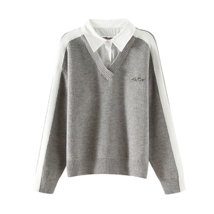 OSA欧莎灰色假两件针织衫2024年冬季新款女衬衫领高级感内搭上衣