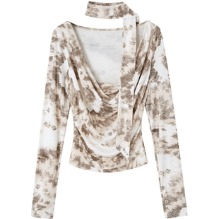 OfAkiva“龙丹”复古扎染印花T恤女荡领系脖假两件蕾丝拼接紧身衫