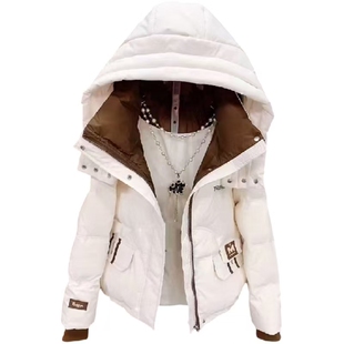 高品质撞色连帽羽绒服女士短款遮肉外套2025年冬季爆款防风保暖衣