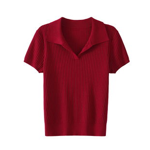 OSA欧莎【好运针织】正肩Polo领短袖针织小衫女夏季新款显瘦上衣