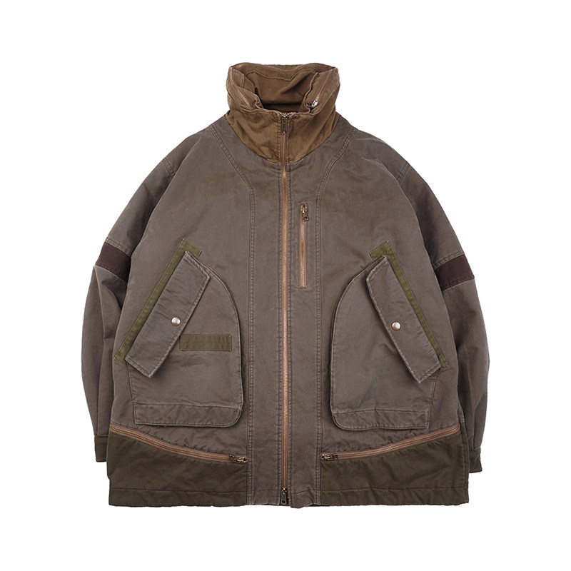 HUNTINGOLD宽松廓形拼接水洗做旧日系复古vintage巴恩风棉服1533