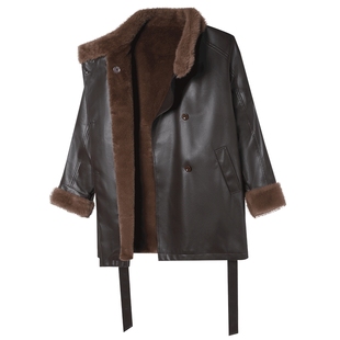 白鹿语复古仿貂毛立领皮衣外套25秋冬新款中长款收腰系带保暖大衣