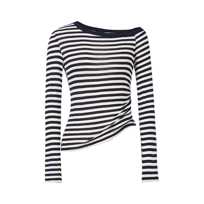 藏青条纹斜肩显瘦百搭T恤