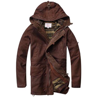 经典复古美式休闲男装男式中长款皮外套磨砂头层牛皮连帽真皮皮衣
